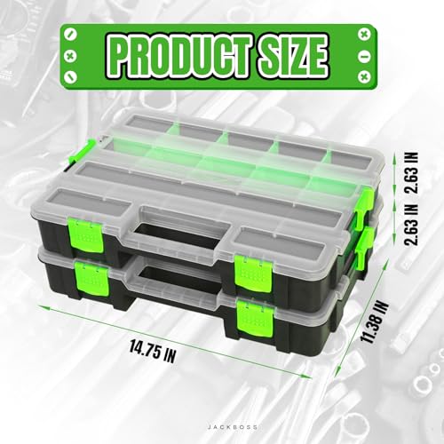 Jack Boss Tool Box with Transparent Lid, Single Side 17-Compartments Organizer Box with Removable Dividers for Hardware, Screws, Bolts, Nails, Beads, Jewelry and Fishing Accessories, Green, 2 Pack - color: Green, size: 2-PCS