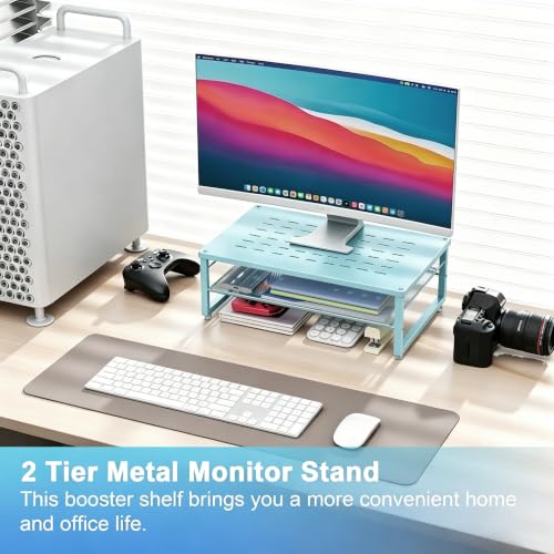gianotter 2-Tier Metal Monitor Stand Riser, Desk Organizer for Monitor, Office Desk Storage Organizer for Office Supplies (Blue) - color: Blue