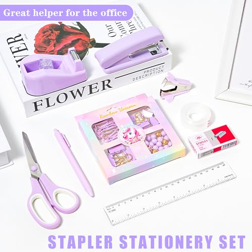 COMFYROOM Desk Accessories with Pen Holder, Office Supplies Desk Organizers and Accessories, Tape Dispenser, Stapler, Staple Remover, Staples, Clips Set, Ruler, Scissor, Pen, Tape (Purple) - color: Desk Accessories Office Supplies-Purple