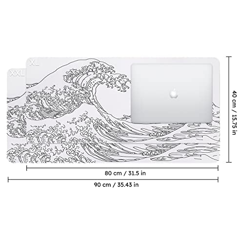 iCasso White Mouse Pad, Extended Gaming Mouse Pad (35.4x15.7 in), Large Stable Rubber Base Mousepad with Stitched Edges, Keyboard Mouse Mat Desk Pad for Work, Game, Office, Home - color: White Wave of Kanagawa