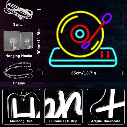 Record Neon Sign for Wall Decor Retro Record Player Neon Light Music Neon Light Sign Dimmable Color Record LED Sign for Bedroom Concert Party Bar Music Studio - color: Color Record