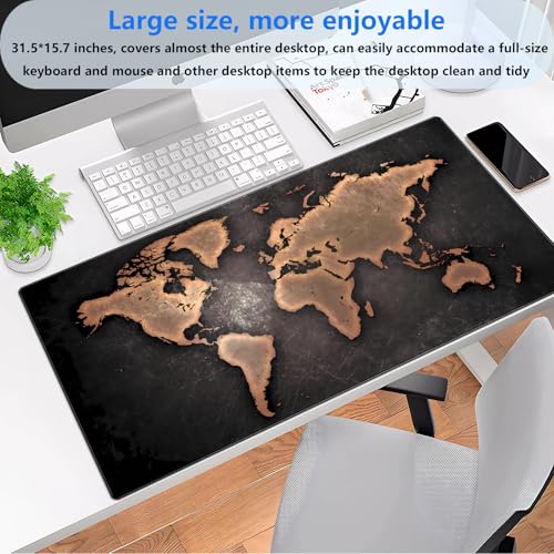 Vintage World Map Desk Mat, Industrial Large Gaming Mouse Pad 31.5x15.7 | Aesthetic distressed world map desk pad with 3mm dense cushion, smooth cloth top, and non-slip rubber base. - color: Retro Maps