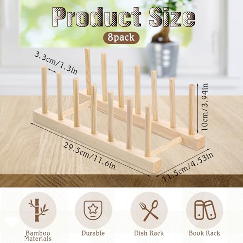 SHENLIU 8 Pcs Bamboo Wooden Plate Rack, 6 Slots Plate Organizer Dish Drying Rack Stand Drainer for for Kitchen Pot Lid Bowl Cup Book Cutting Boards
