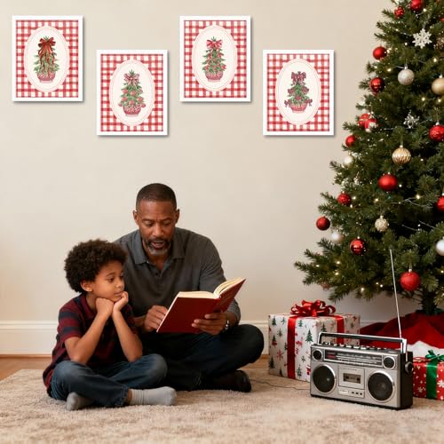 JINYO Red Chinoiserie Christmas Tree Plaid Wall Art Prints Set of 4, Grandmillennial Christmas Decor, Coquette Red Bow Xmas Posters Pictures Wall Decor for Living Room Bedroom Home, 8x10 Unframed - color: Christmas poster set of4-c