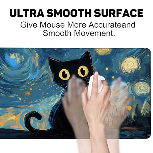 Black Cat Under Starry Night Gaming Mouse Pad Large Desk Mat Extended Keyboard Anime Mousepad with Non-Slip Base and Stitched Edge for Desk Home Office Gaming,31.5 x 11.8 Inch - color: Black Cat under Starry Night, size: 11.8*31.5inch