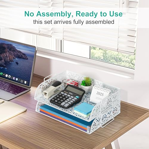 EasyPAG Paper Organizer for Desk 2 Tier Stackable Paper Tray for A4 Legal Size Folders Metal File Storage Desktop Organizer for Home Office School Teacher, White - color: White