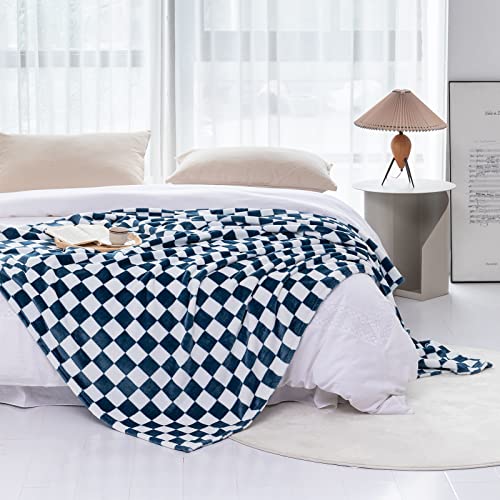 LOMAO Throw Blankets Flannel Blanket with Checkerboard Grid Pattern Soft Throw Blanket for Couch, Bed, Sofa Luxurious Warm and Cozy for All Seasons (Navy, 60"x80") - color: Navy, size: 60"x80"