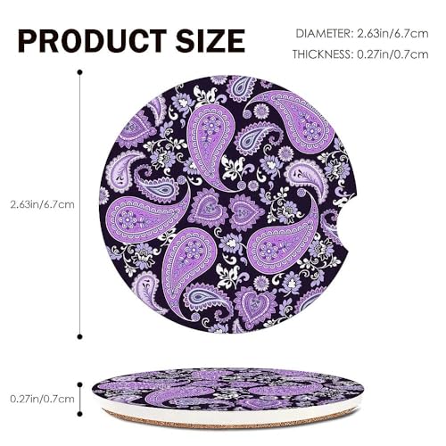 Purple Car Coasters Set of 2 for Cup Holder 2.63" Absorbent Ceramic Cup Coaster Non-Slip Cork Base Drink Coasters with Finger Notch Car Accessories Interior for Women Men - color: Purple