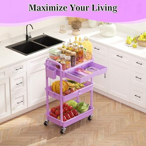 SUNALLY 3 Tier Rolling Cart Organizer with Drawer, Bathroom Storage Carts with Wheels & Plastic Shelf, Mobile Storage Organizers for Kitchen, Office, Laundry Room, Baby, Snack, Craft, Makeup, Purple - color: Purple, size: 3 Tier