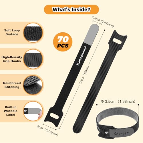 SummerBrite 70 Pack Black Cable Ties 6 Inch with Writable Labels, Reusable Cable Management Straps, Hook and Loop Cord Organizer for Home Office, PC Desk Setup, Electronics & Travel Wire Management - color: Black, size: 6IN