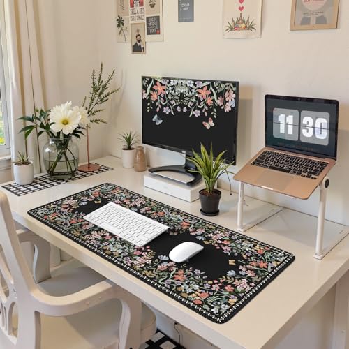 HAOCOO Floral Desk Pad for Keyboard and Mouse, Black Mouse Pad with Non-Slip Rubber Base, XXL Keyboard Mat with Edge Stitching, Soft Computer Mat, Gaming, Office Aesthetics - color: Black