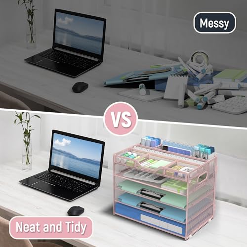 Docnest 5 Tier Mesh Desk Organizer- Letter Tray with Adjustable Compartments, Mesh Desktop Storage Built in Pen Holder and Handles, Desk Organizer Tray for Mail Documents Office Supplies–Pink - color: Pink