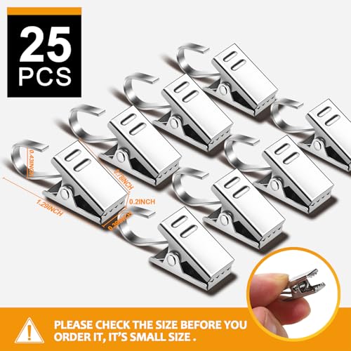 Teenitor 25 Pack Curtain Clips for Hanging Curtain Hooks, Stainless Steel Curtain Hooks with Clips, Small Hooks Clips for Camper Awning Light Photos Party Decorations - color: Silver