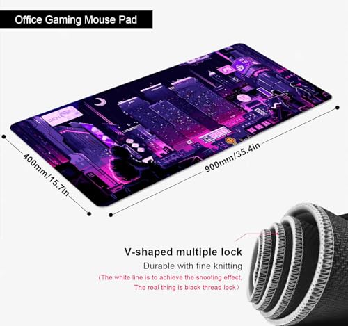 Purple Japanese Anime Large Gaming Mouse Pad for Desk, Retro Vaporwave Mousepad, Tokyo Street Pixel Art Desk Pads, Computer Mouse Pad XL Big, Skyline City Desk Mat, 35.4 x 15.7 in - color: Purple Neon Street