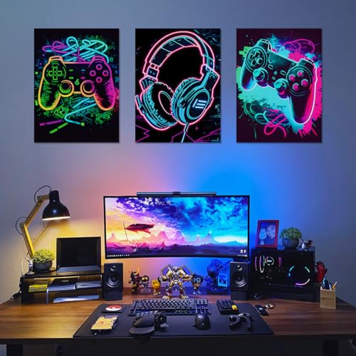 Dazzlewall 3Pcs Retro Neon Gaming Wall Art Gamer Posters | Controller & Headphone Prints, Cyberpunk Neon Style, Game Room Decor - color: Glowing Gamer Set, size: 12x16 in