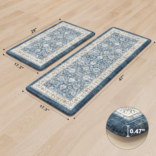 KIMODE Anti Fatigue Kitchen Mats 17.3" x 47"+17.3" x 29", Boho Blue Kitchen Rugs Sets of 2, Non Slip Waterproof Kitchen Floor Mats, Vintage Memory Foam Kitchen Mat for Sink, Laundry, Desk - color: Blue, size: 17.3" x 47"+17.3" x 29"--0.47 inches