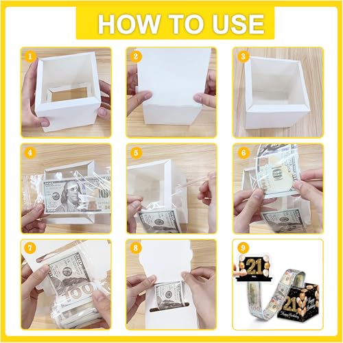 VIVORA 21st Birthday Money Box for Cash Pull, Happy Birthday Black Gold Boxes Gifts for Money Pull Out Card, 50Pcs Transparent Bags - color: Blackgold21st