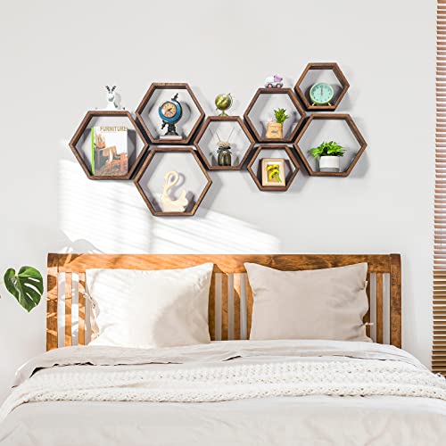 Hexagon Floating Shelves Set of 8 Wood Hexagonal Shelves Brown Wall Decor and Storage Racks for Living Room Floating Honeycomb Plants Shelf Farmhouse Wall Hexagon Hanging Shelf for Bedroom Home - color: Brown, size: 8 Pack