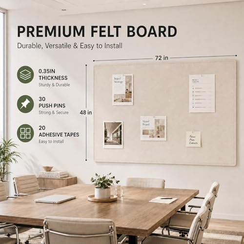 Felt Bulletin Board for Wall 72" x 48" Unfolded Size, Large Frameless Felt Pin Board, Soft Cork Board Alternative for Office, Home Planning, Notes, Photos & Wall Decor, Foldable Shipping, Easy Install - color: Beige, size: 72" x 48"