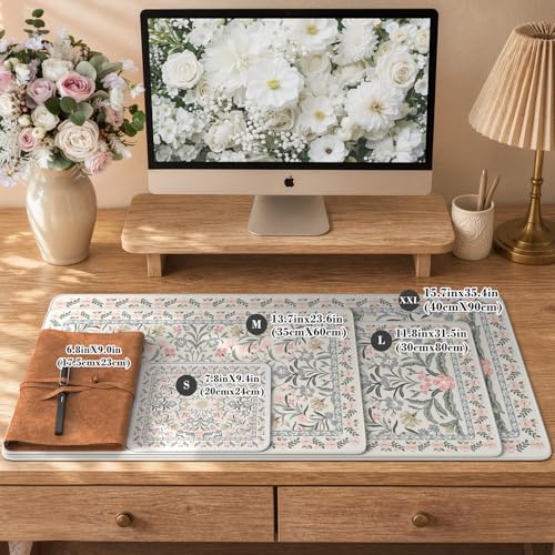 iCasso Aesthetic Floral Desk Mat, L Mouse Pads, Anti-Slip Mousepad with Stitched Edges, Waterproof Computer Pad 11.8"x31.5", Desk Accessories Office Decor for Women(Gray Floral) - color: Gray Floral, size: 31.5L x 11.8W inches