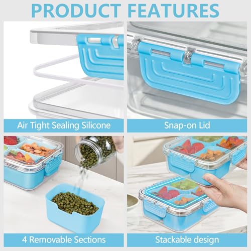 Small Snack Box Container, Updated PP Dishwasher Safe Divided Serving Tray with Lid, 4 Compartment Snack Box Container for Candy, Fruits, Charcuterie, Travel & Parties, BPA-Free, 2 Pack - color: Blue 2 Pack