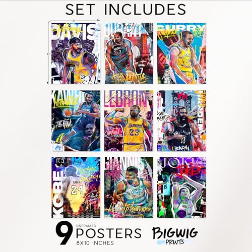 Bigwig Prints Basketball Posters for Boys Bedroom - Basketball Room Decor, Nba Posters, Steph Curry, Kobe Bryant Wall Art, Kevin Durant, Lebron James, Sports Art For Bedroom - Unframed Set of 9 (8x10) - color: Basketball 1
