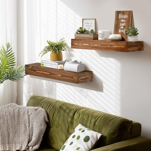 17x3x7 inch Floating Shelves Wall Mounted - Set of 2 Brown Rustic Solid Wood Wall Shelf - Heavy Duty Decorative Fireplace Mantel for Living Room, Bedroom, Bathroom, Kitchen - color: Brown, size: 17x3x7-hollow-2pack