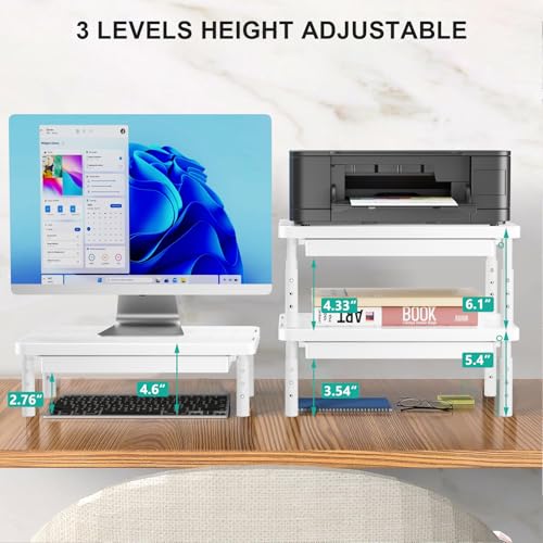 WALI Computer Monitor Stand with Storage, Desk Monitor Riser 3 Height Adjustable, Laptop Riser with Airflow Vents, Desk Organizer for Computer, Laptop, Printer (PTT002-W), 1 Pack, White - color: White, size: 14.6"L * 9.3"W,11" 1 Drawer
