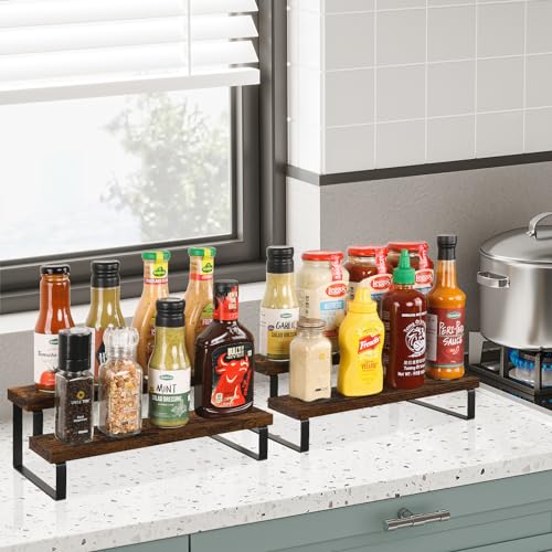 YINMIT Wooden Display Riser Stand, Tiered Perfume and Cologne Organizer Stand, 2 Tier Spice Rack Organizer, Rustic Display Shelf for Candles (2 Tier, 2 Pack) - color: 2 Tier,2 Pack,Brown