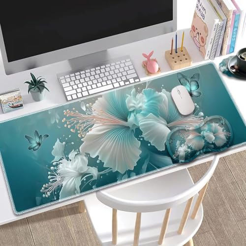 Large Gaming Mouse Pad + Wrist Rest+ Coaster Combo, 31.5 "x 11.8" Durable Non-Slip Extension Table Mat, Suitable for Office and Home, Blue Art Butterflies - color: Blue Art Butterflies