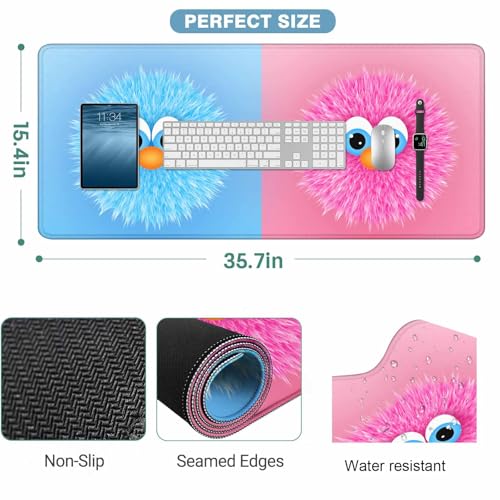Cute Fuzzy Cartoon Characters Gaming Mouse Pad Blue Pink Kawaii Animal Designs Large Full Desk Keyboard Mousepad for Computer,Home,Office 35.4"X15.7" - color: Fuzzy characters