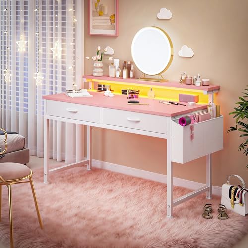 DurayLoly 39.4Inch Office Computer Desk with LED Lights & 2 Fabric Drawers, Gaming Desk with Side Pocket & Ergonomic Monitor Stand, Small Space Study Writing Table with Anti-Tip Design,Pink - color: Pink, size: 39.4 Inch