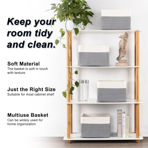4 Pack Storage Baskets for Organizing, Woven Baskets for Shelves - Perfect for Toys, Books, Towels, and Clothes, Durable Gift Basket Bins Toy Storage, 12.7''L x9''W x7.8''H, Grey and White - color: Grey & White, size: Small/12.7''Lx9''Wx7.8''H