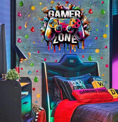 YIMEHDAN Large 3D Graffiti Gamer Zone Wall Decals (26.8”x26.4”), Watercolor Video Gaming Vinyl Wall Stickers for Game Lover, Removable Video Game Artwork for Boys Playroom Bedroom Decor - style: game1