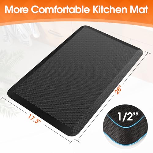 Kitchen Mat for Floor, Anti-Fatigue Rug, 17.3"x28"x0.5'', Black | Thick Floor Comfort Anti-Fatigue Mat, Non-Slip, Water Resistant, Stain Resistant, Easy Clean, for Kitchen, Sink, Office,Home - color: Black, size: 28"L x 17.3"W x 0.5"Th
