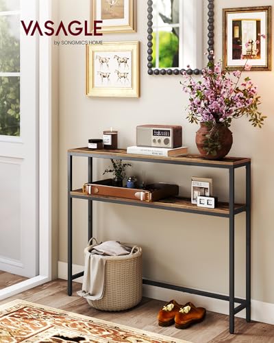VASAGLE Console Table, 2-Tier Narrow Sofa Table with 2 Shelves, 7.9 x 39.4 x 31.5 Inches, for Living Room, Hallway, Entryway, Rustic Brown and Ink Black ULNT131K01V1 - color: Rustic Brown + Ink Black, size: 39.4"W - Without Power Outlet