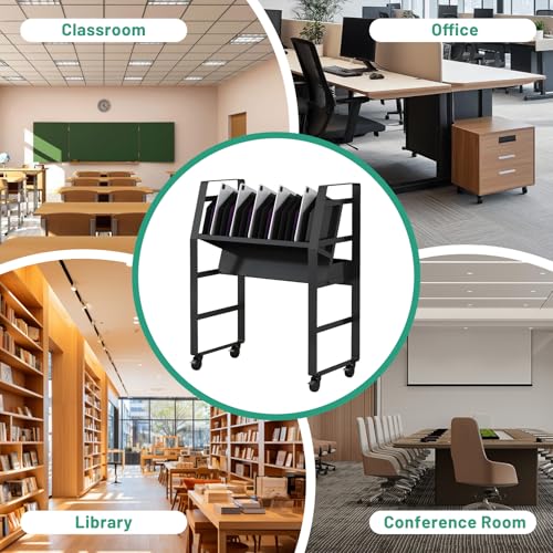 Black Mobile Open Storage Cart with Wheels and 16 Devices for iPads,Chromebooks & Laptop Computers,Removable Dividers,Office,Surge Protection Station Rack