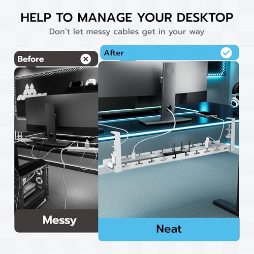 ARES WING 17"-28.7" Extendable Under Desk Cable Management Tray with Cable Slots, Clamp On Cord Organizer Holds Up to 11 lbs, White Metal Under Desk Storage for Office and Gaming Accessories - color: White