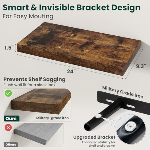 Floating Shelves for Wall 24 in x 9.3 in Deep, Wall Mounted Rustic Wood Shelf with Invisible Brackets for Storage & Display, Living Room Bedroom Bathroom, Brown, 2 Pack - color: Rustic Brown, size: 24 Inch, 2 pack