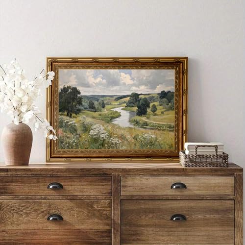 Electrilucn Rustic Landscape Canvas Print Vintage Gold Frame Wall Art River and Wildflowers Wall Decor Country Farmhouse Nature Painting Pictures Cottage Artwork for Living Room Bedroom Decor 9x11in - color: Rural Art, size: 11"L x 9"W