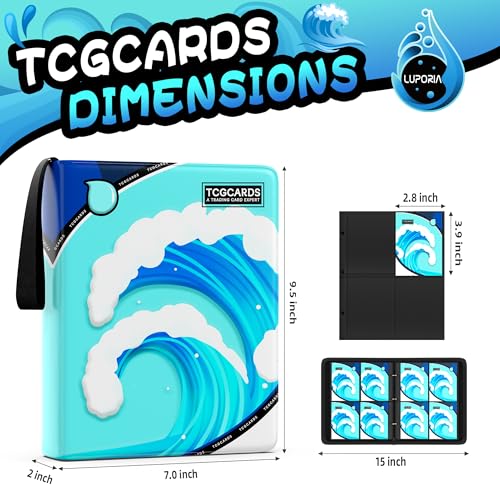 Trading Card Binder 4 Pocket,400 Pocket Card Collection Binder with 50 Removable Sleeves,PU Waterproof Top Card Book,3-Ring Zipper Collectible Trading Card Album for MTG/TCG/Card Holder Gift(Water) - color: Water, size: Small