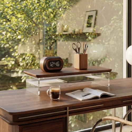 Fenge Acrylic Monitor Stand Riser, 23.6 Inches Monitor Stand with Metal Storage, 2 Tier Acrylic Computer Riser for Desk, Clear Laptop Stand for PC, Laptop, Printer, TV - color: Brown, size: 23.6in