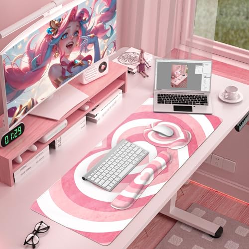iLeadon Pink Desk Mat, Desk Pad + Pink Mouse Pad with Wrist Rest + Keyboard Wrist Rest + Coaster, 4in1 Mouse Pad Set, Mouse and Keyboard Pad for Home Office, Heart Pink - color: Heart Pink