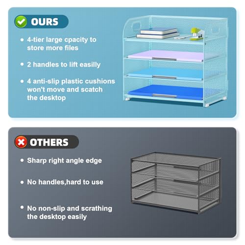 Marbrasse 4 Tier Paper Organizer Letter Tray - Mesh Desk File Organizer with Handle, Paper Sorter Organizer for Letter Office File Folder Holder (Blue, 12.6" x 9.1" x 10.7") - color: Blue
