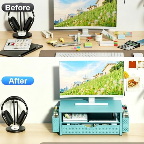 Spacrea Desk Organizer and Accessories, Computer Monitor Stand Riser with Drawer and 2 Pen Holders, Office Desk Accessories & Workspace Organizers for Office Supplies (Blue) - color: Blue