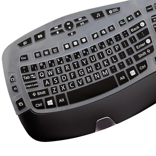 MUBUY-GOL Large Print Keyboard Cover for Logitech K350 Wireless Wave Keyboard, MK570, MK550; Black Silicone; Water Resistant, Dust Proof, Washable - color: black color