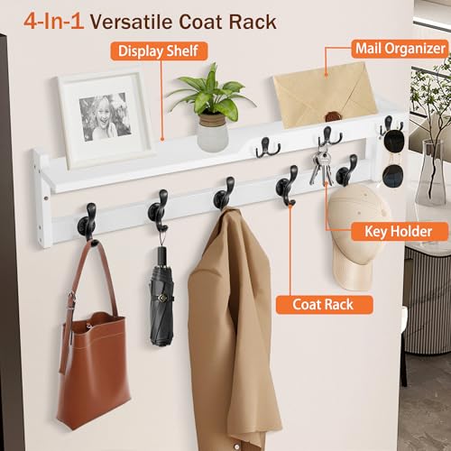 29'' Coat Rack Wall Mount with Shelf, Coat Hanger Wall Mount with Key Hooks and Mail Holder, Wood Entryway Floating Shelf with Hooks and Storage, Hat Rack for Wall Key Holder Mail Organizer - color: White, size: 29 Inch Long