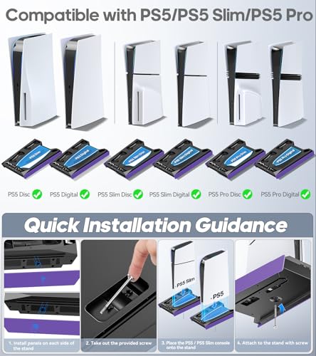 Rysker P-5/Slim/Pro Stand and Cooling Station with LED Controller Charging Station, P-5 Controller Charger, P-5/Slim/Pro Accessories Kit with 3 Level Cooling Fan for PlayStation 5 Case - color: Galactic Purple