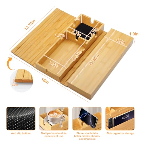 MinBoo Sofa Arm Tray Bamboo with Side Storage Pocket Couch Arm Table Cup Holder Absorbent Pad Foldable Portable Sofa Arm Chair Table for Drink Cups EatsSnacks Phone Remote Home Gift Accessory