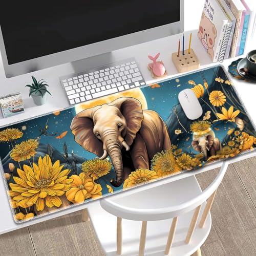 Large Gaming Mouse Pad + Wrist Rest+ Coaster Combo, 31.5 "x 11.8" Durable Non-Slip Extension Table Mat, Suitable for Office and Home, Flower Field Baby Elephant - color: Flower Field Baby Elephant